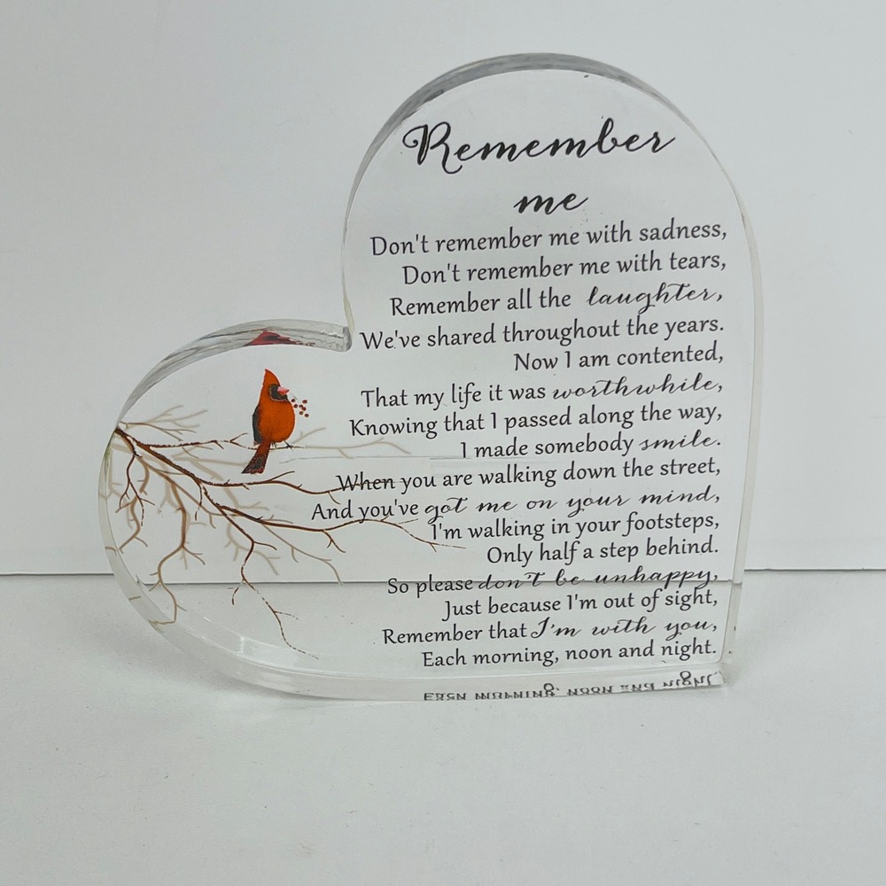 Heart Acrylic Plaque Clear Red Cardinal Remember Me Memorial Excellent